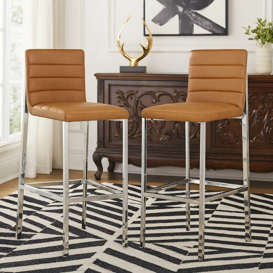 Eun 30 Inch Faux Leather Channel Barstool, Chrome Legs, Set of 2, Brown