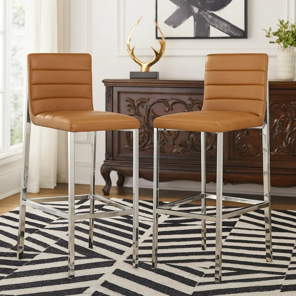 Eun 30 Inch Faux Leather Channel Barstool, Chrome Legs, Set of 2, Brown