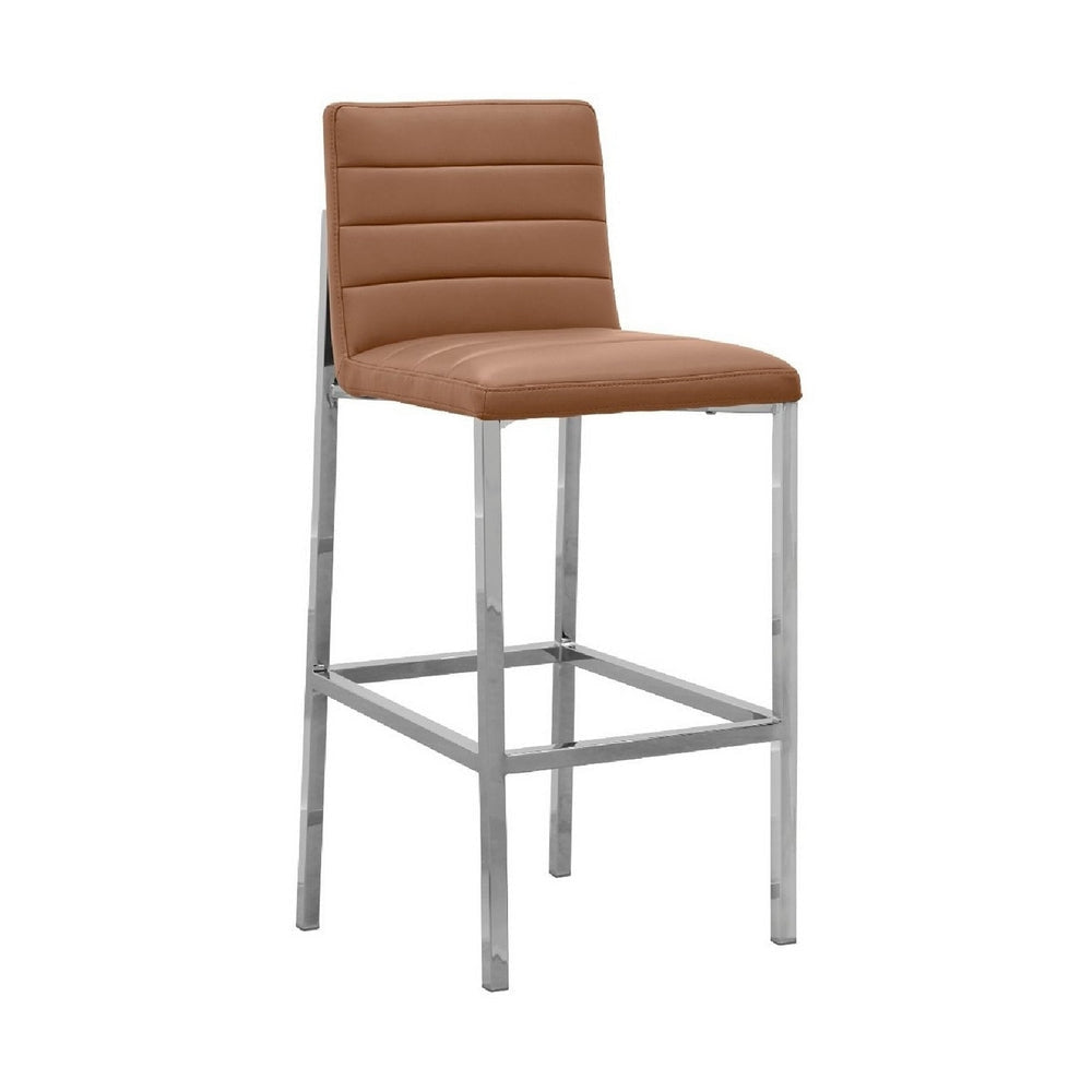 Eun 30 Inch Faux Leather Channel Barstool, Chrome Legs, Set of 2, Brown