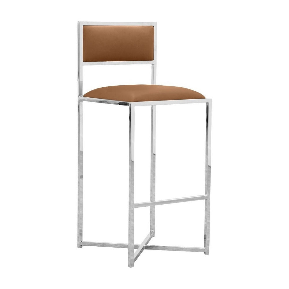 Eun 30 Inch Faux Leather Barstool, Chrome Cross Base, Set of 2, Brown