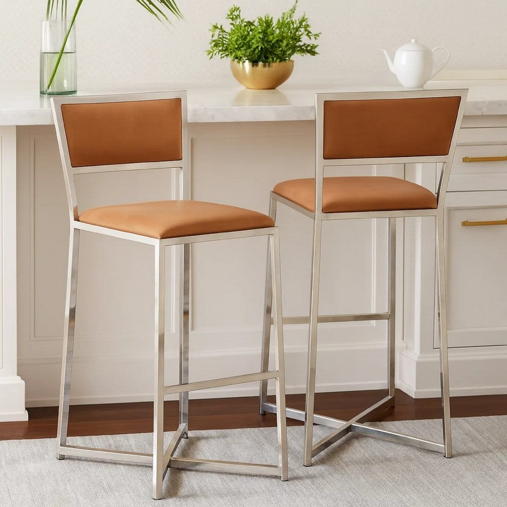 Eun 30 Inch Faux Leather Barstool, Chrome Cross Base, Set of 2, Brown