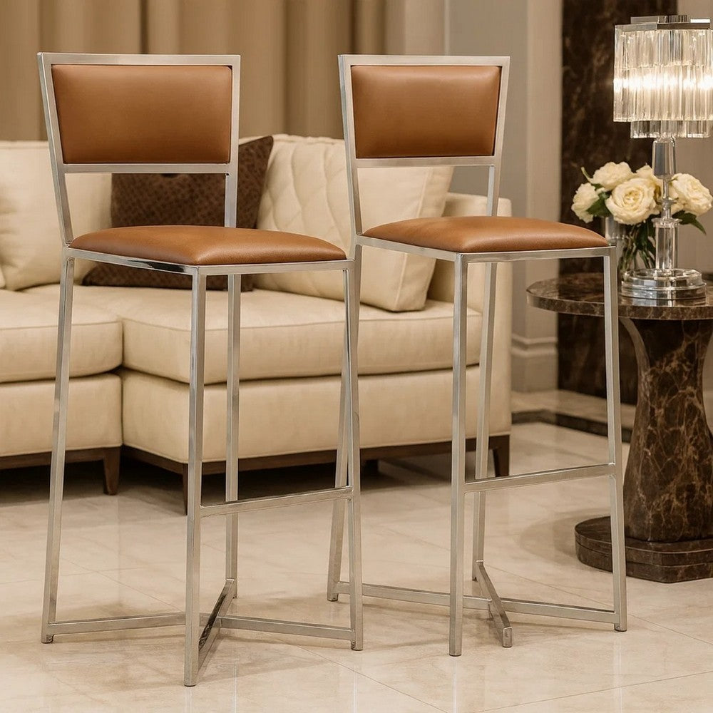 Eun 30 Inch Faux Leather Barstool, Chrome Cross Base, Set of 2, Brown