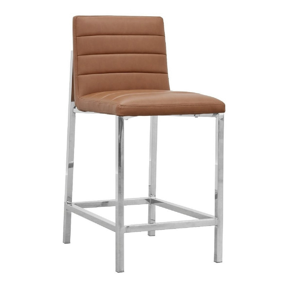 Eun 26 Inch Vegan Faux Leather Counter Stool, Chrome Legs, Set of 2, Brown