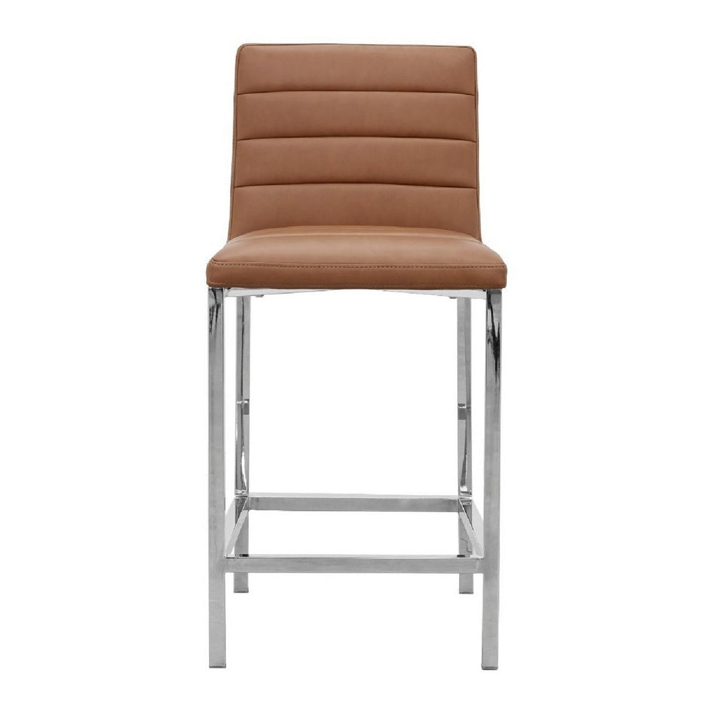 Eun 26 Inch Vegan Faux Leather Counter Stool Chrome Legs Set of 2 Brown BM273665