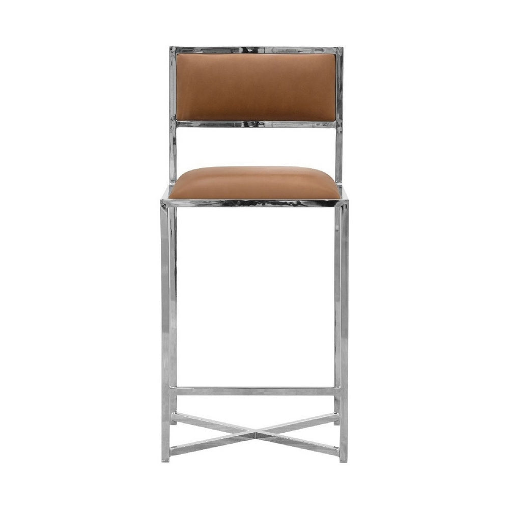 Eun 26 Inch Faux Leather Counter Stool Chrome Base Set of 2 Brown BM273666