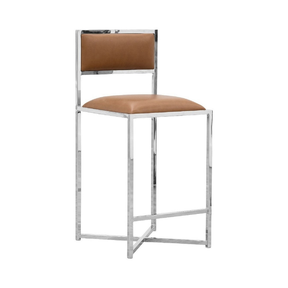 Eun 26 Inch Faux Leather Counter Stool, Chrome Base, Set of 2, Brown