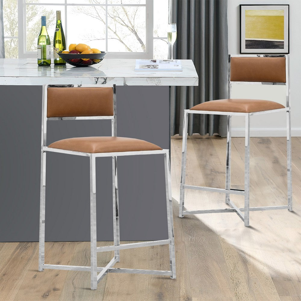 Eun 26 Inch Faux Leather Counter Stool, Chrome Base, Set of 2, Brown