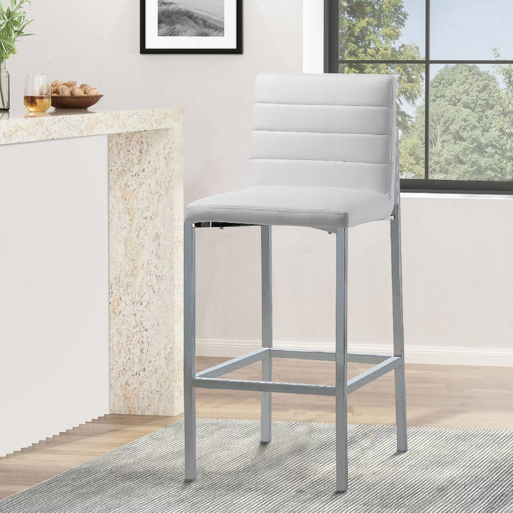 Eun 30 Inch Faux Leather Channel Barstool, Chrome Legs, Set of 2, White
