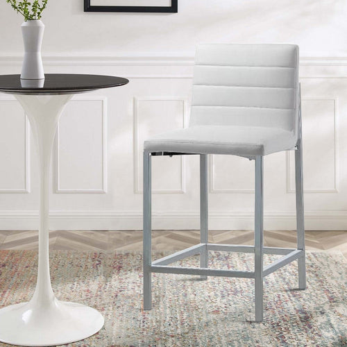 Eun 26 Inch Faux Leather Channel Counter Stool, Chrome, Set of 2, White