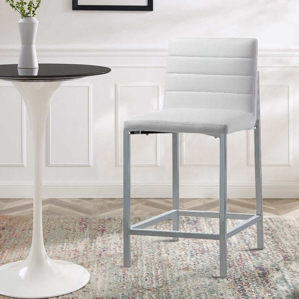 Eun 26 Inch Faux Leather Channel Counter Stool, Chrome, Set of 2, White