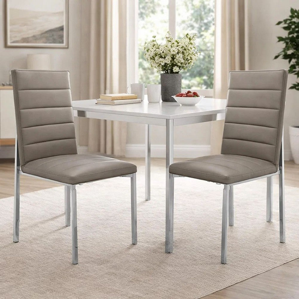Eun 23 Inch Faux Leather Channel Dining Chair, Chrome Legs, Set of 2, Gray