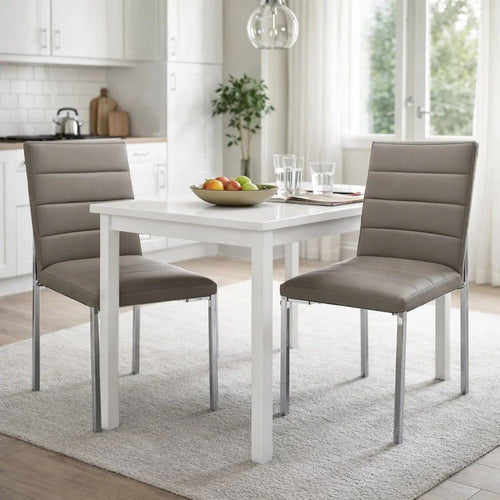 Eun 23 Inch Faux Leather Channel Dining Chair, Chrome Legs, Set of 2, Gray