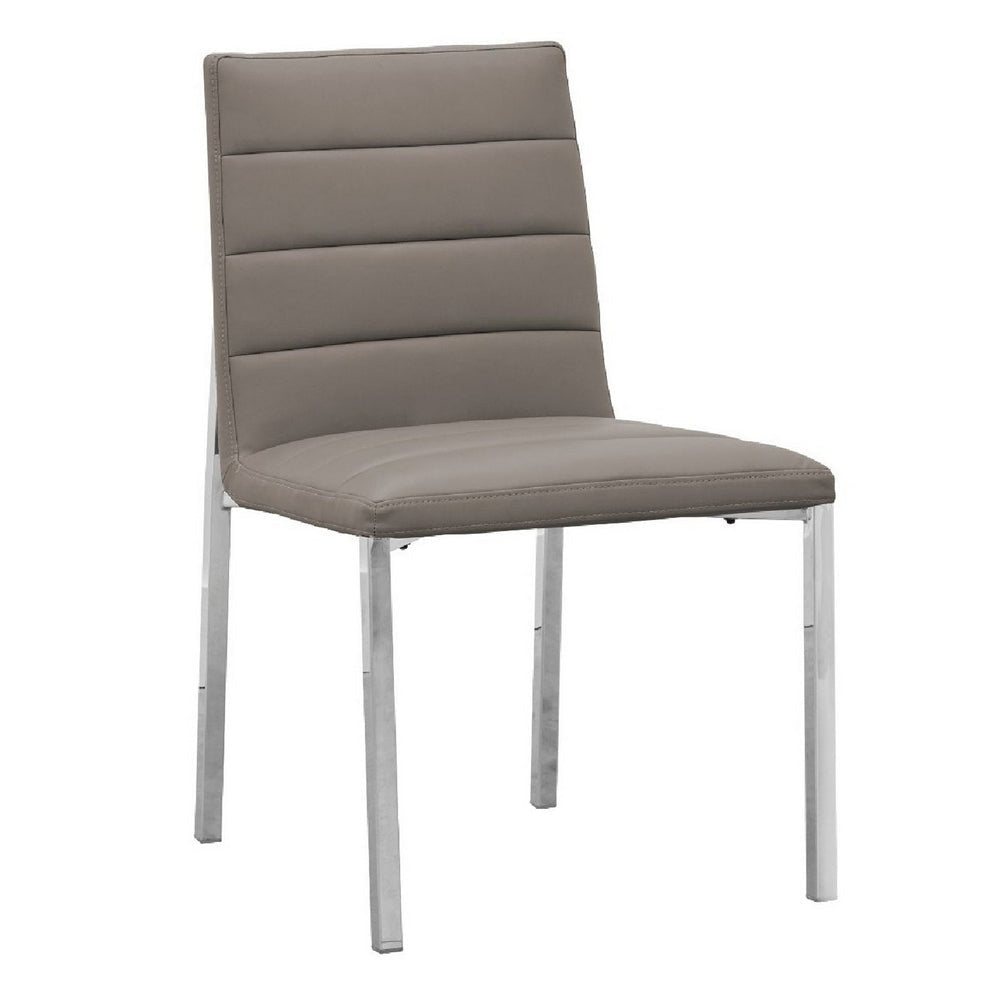 Eun 23 Inch Faux Leather Channel Dining Chair, Chrome Legs, Set of 2, Gray