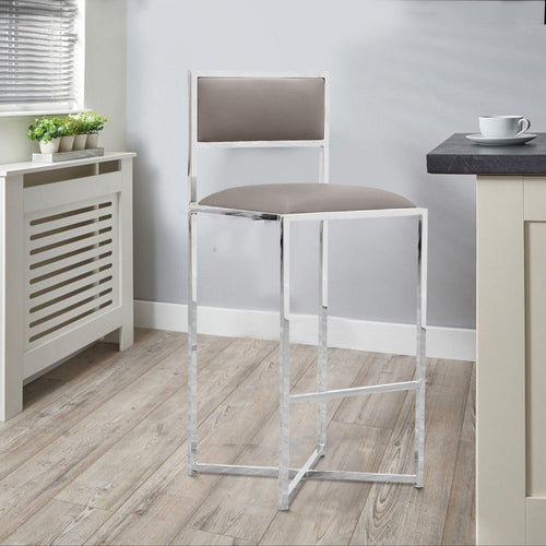 Eun 30 Inch Vegan Faux Leather Barstool, Chrome Base, Set of 2, Gray