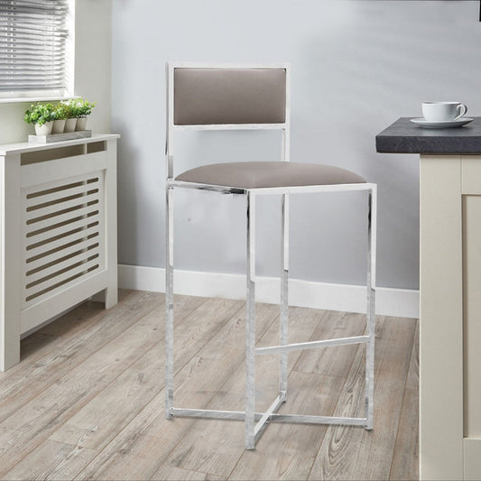 Eun 30 Inch Vegan Faux Leather Barstool, Chrome Base, Set of 2, Gray