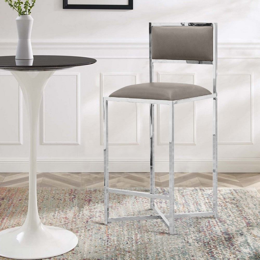 Eun 26 Inch Vegan Faux Leather Counter Stool, Chrome Base, Set of 2, Gray