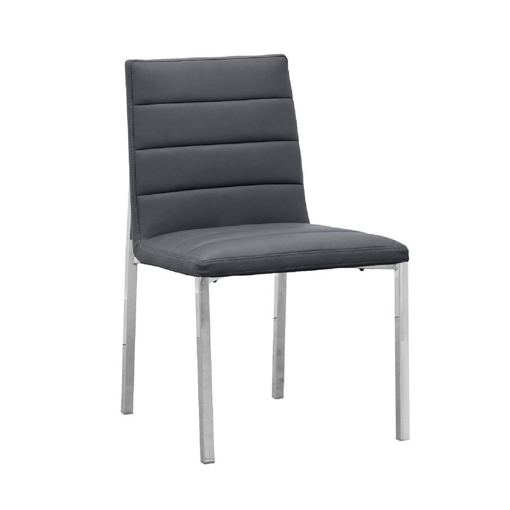 Eun 23 Inch Faux Leather Dining Chair, Chrome Legs, Set of 2, Dark Gray