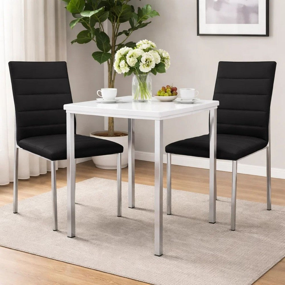 Eun 23 Inch Faux Leather Dining Chair, Chrome Legs, Set of 2, Dark Gray