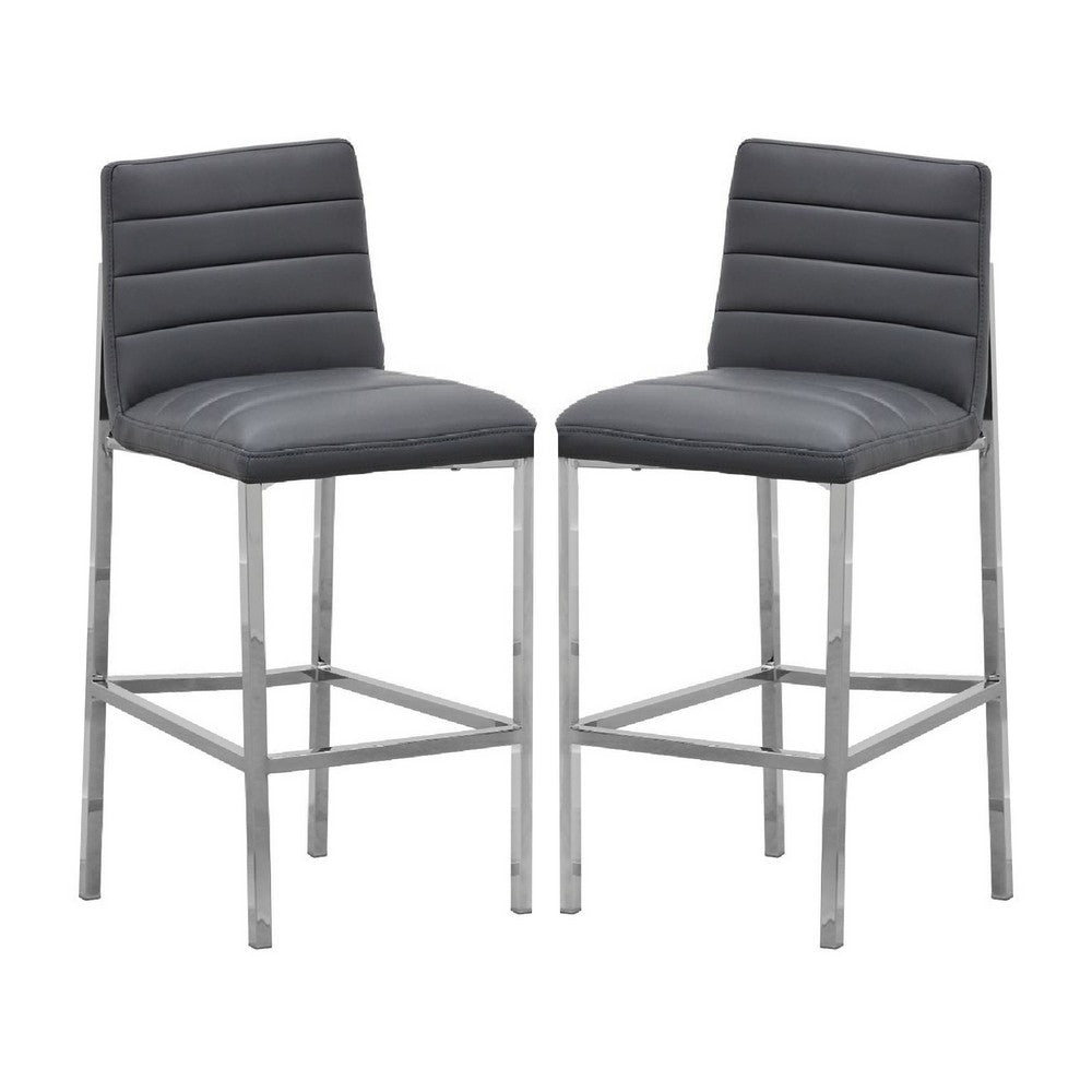 Eun 30 Inch Faux Leather Channel Barstool Chrome Set of 2 Dark Gray By Casagear Home BM273681