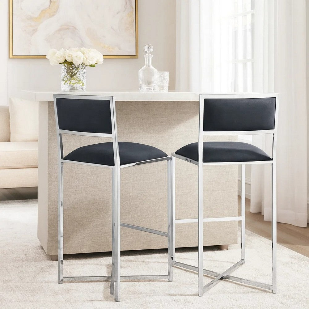 Eun 30 Inch Vegan Faux Leather Barstool, Chrome Base, Set of 2, Dark Gray