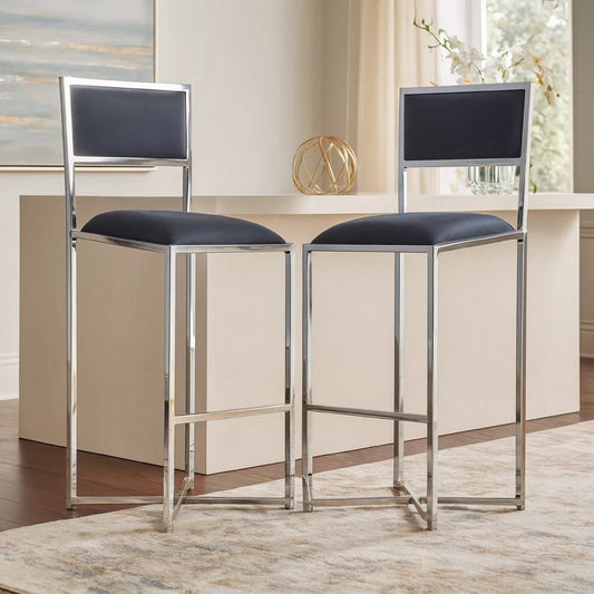 Eun 30 Inch Vegan Faux Leather Barstool, Chrome Base, Set of 2, Dark Gray