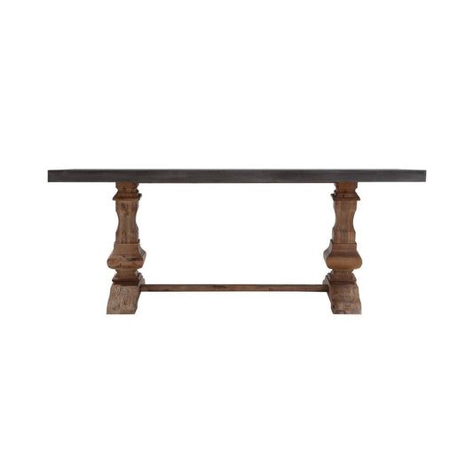 83 Inch Concrete Top Dining Table, Acacia Wood, Turned Pedestal Base, Gray