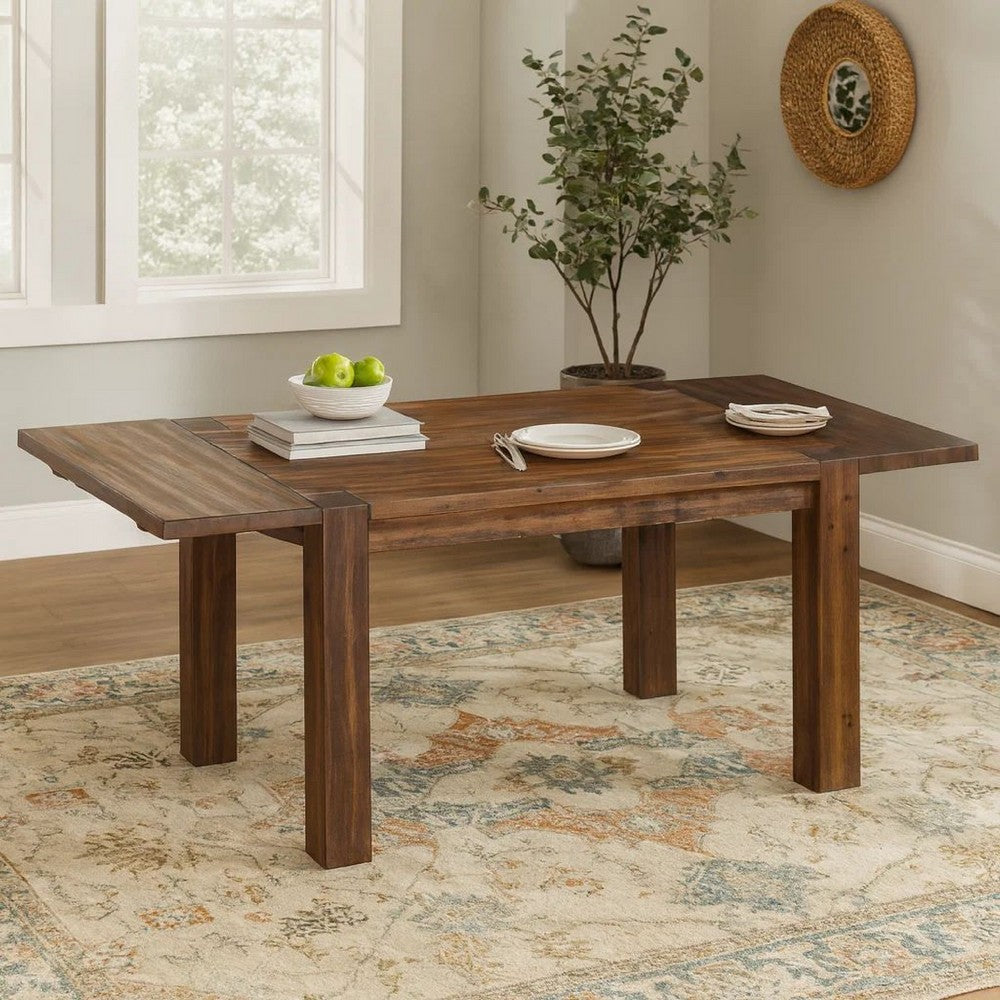 63-95 Inch Pim Acacia Wood Dining Table, 2 Extension Leaves, Walnut Brown