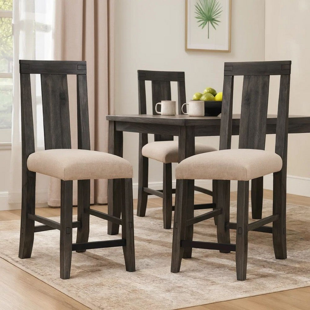 43 Inch Pim Acacia Wood Counter Stool, Panel Back Design, Set of 2, Gray