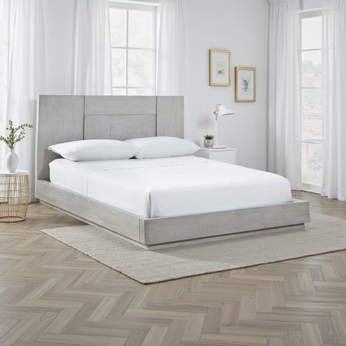 Joe Mahogany Wood Modern Platform Queen Bed, Plinth Base, Gray