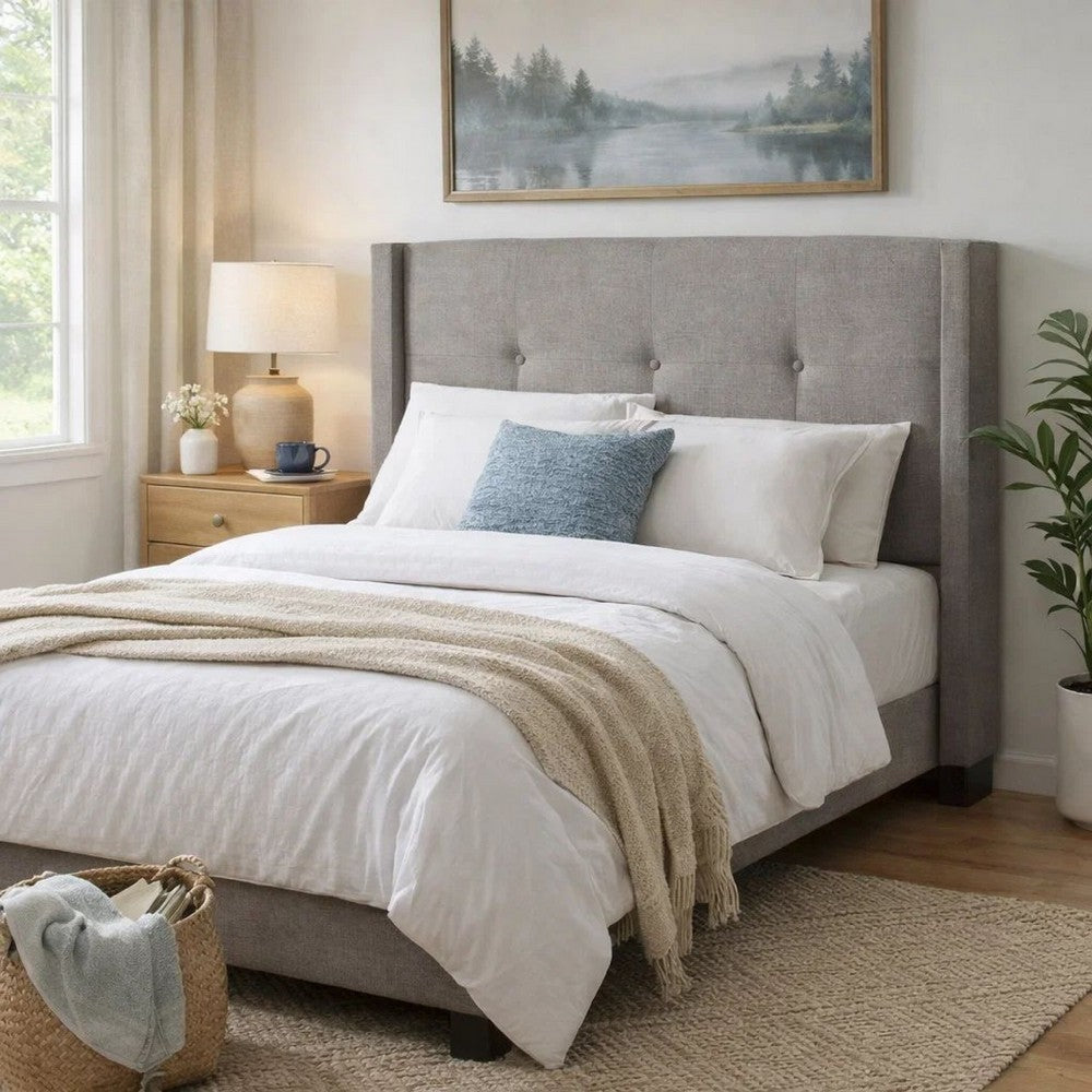 Adams Queen Size Headboard, Adjustable Metal Legs, Tufted Linen, Gray