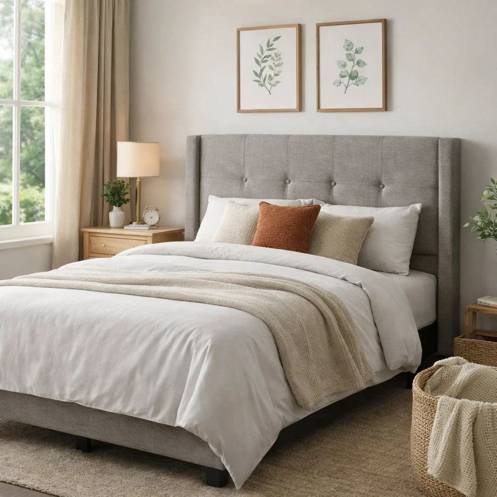 Adams Queen Size Headboard, Adjustable Metal Legs, Tufted Linen, Gray