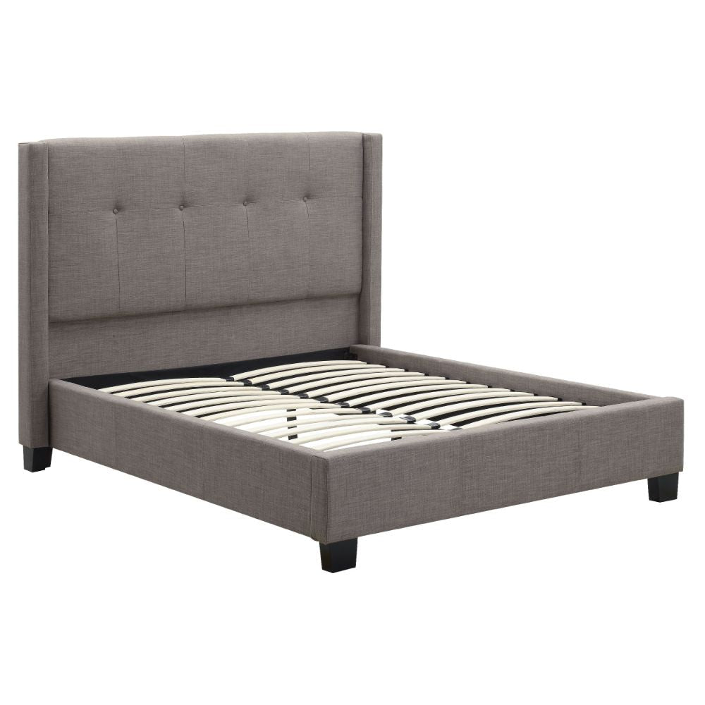 Adams Low Profile Queen Bed Piped Edges Tufted Linen Gray