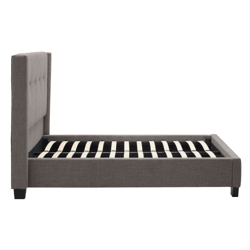 Adams Low Profile Queen Bed Piped Edges Tufted Linen Gray