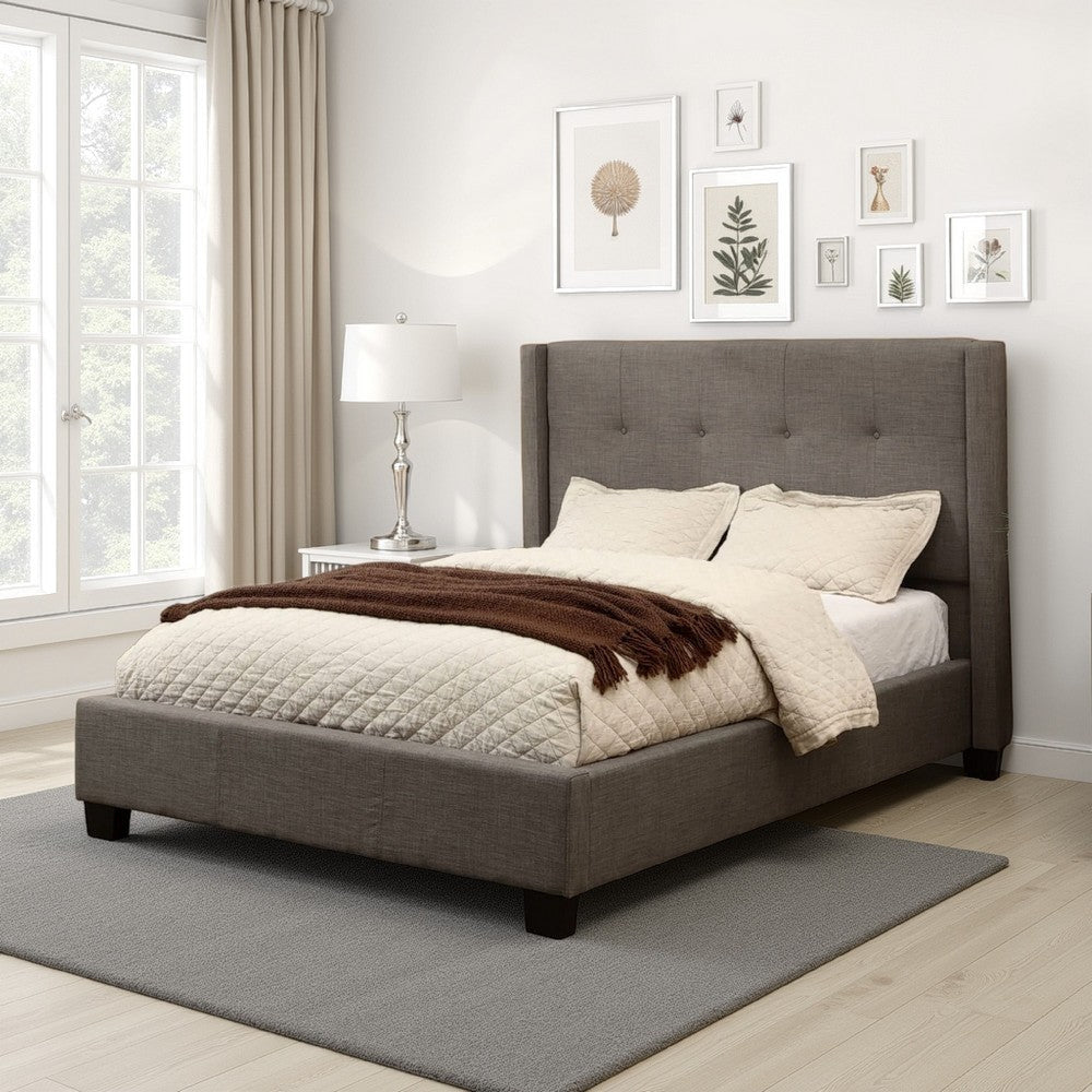 Adams Low Profile Queen Bed, Piped Edges, Tufted Linen, Gray