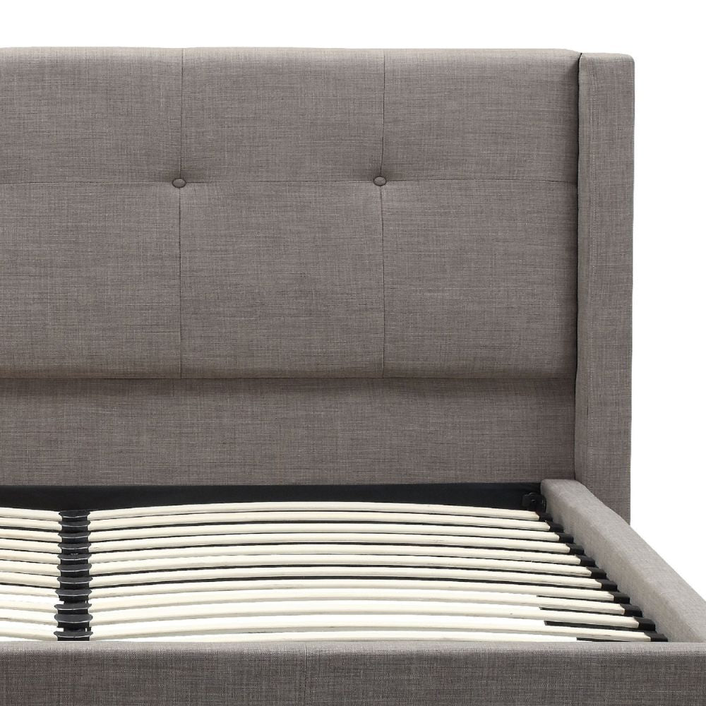 Adams Low Profile King Bed Piped Edges Tufted Linen Gray