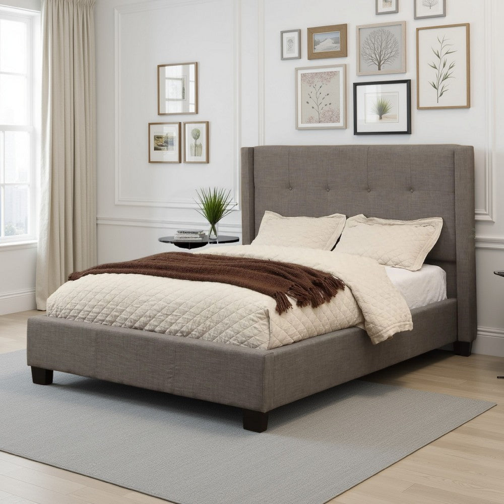 Adams Low Profile King Bed, Piped Edges, Tufted Linen, Gray