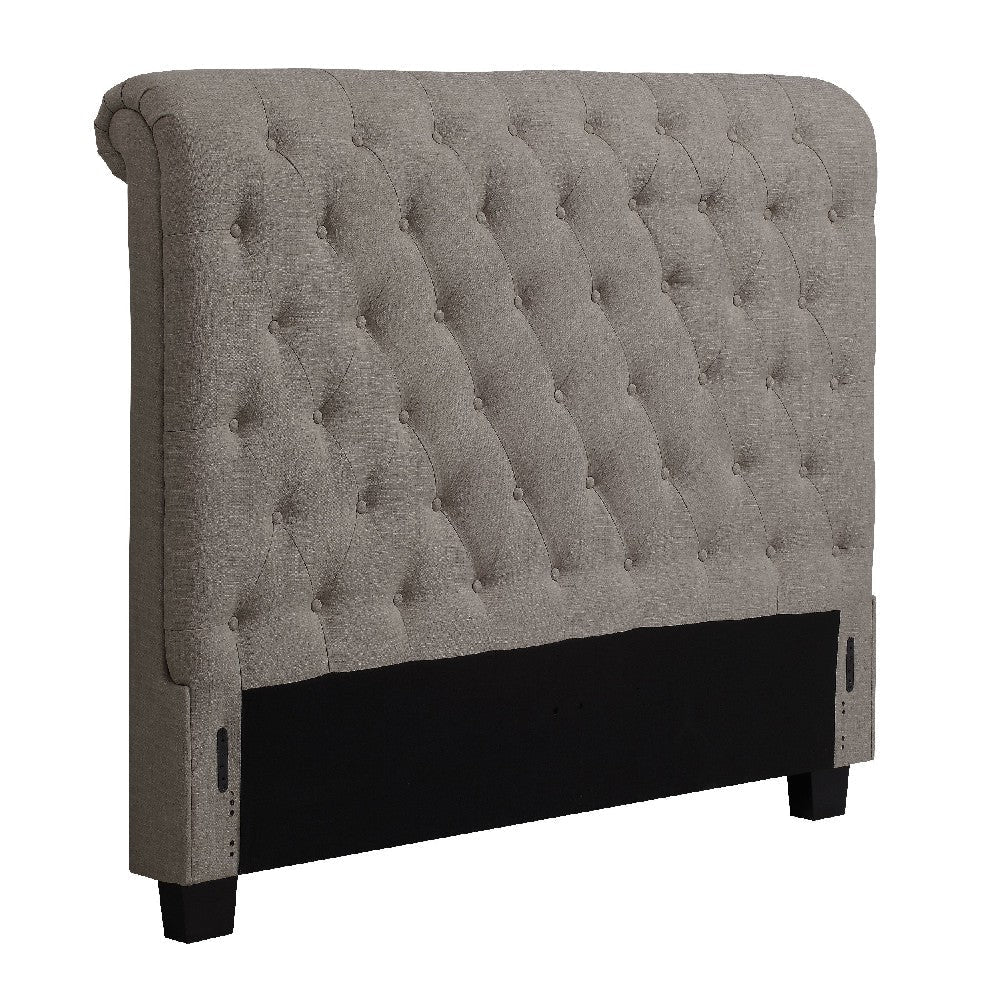 Rue Queen Headboard, High Rolled Back Button Tufted Linen, Gray