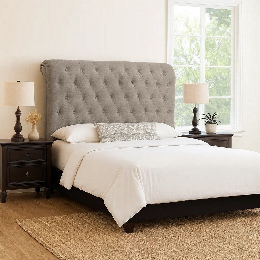 Rue California King Headboard, High Rolled Back Button Tufted Linen, Gray