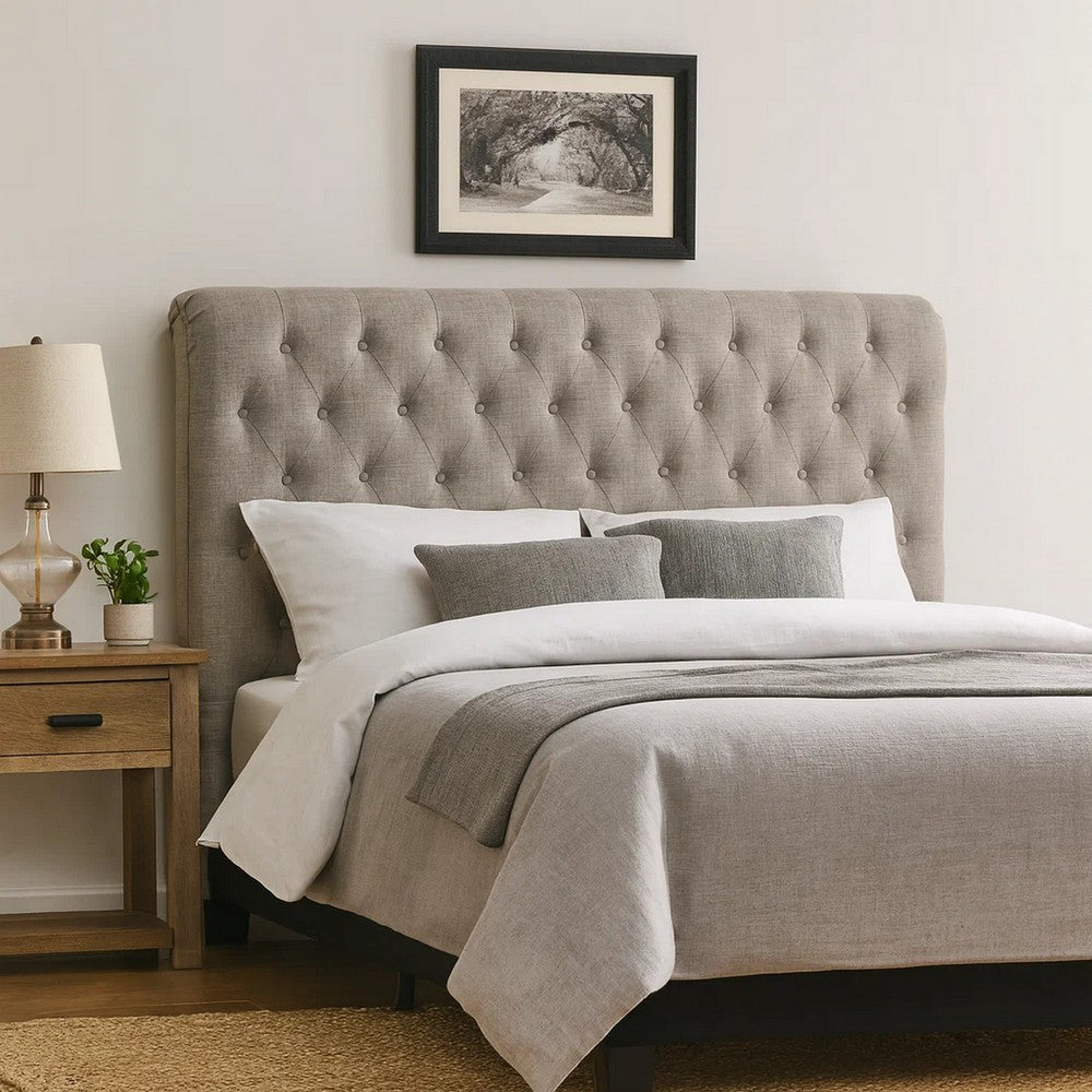 Rue California King Headboard, High Rolled Back Button Tufted Linen, Gray