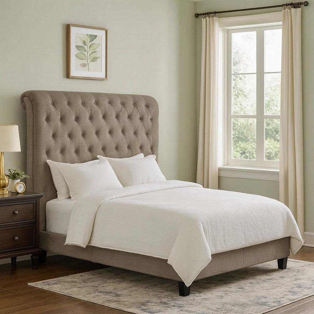 Rue King Headboard, High Rolled Back Button Tufted Linen, Gray