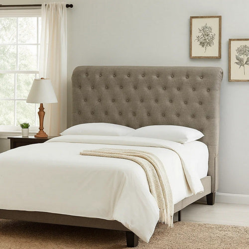 Rue King Headboard, High Rolled Back Button Tufted Linen, Gray