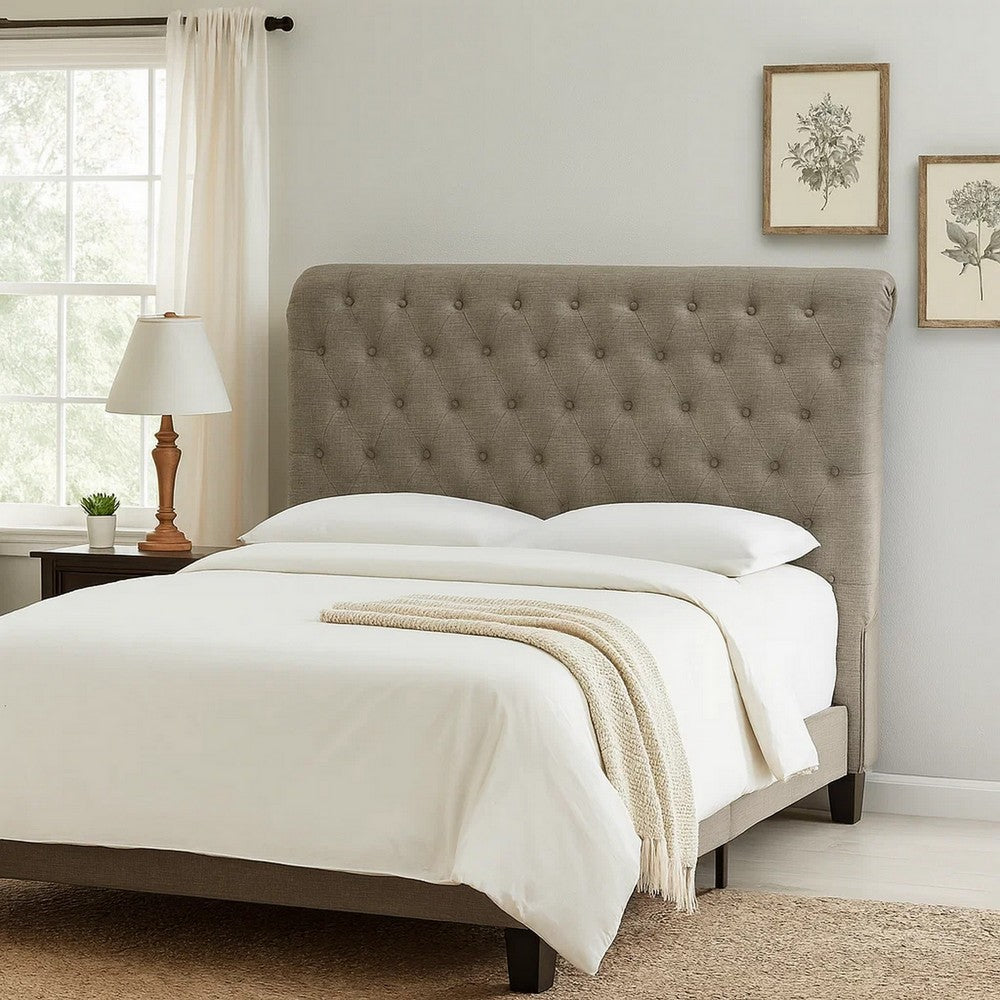 Rue King Headboard, High Rolled Back Button Tufted Linen, Gray