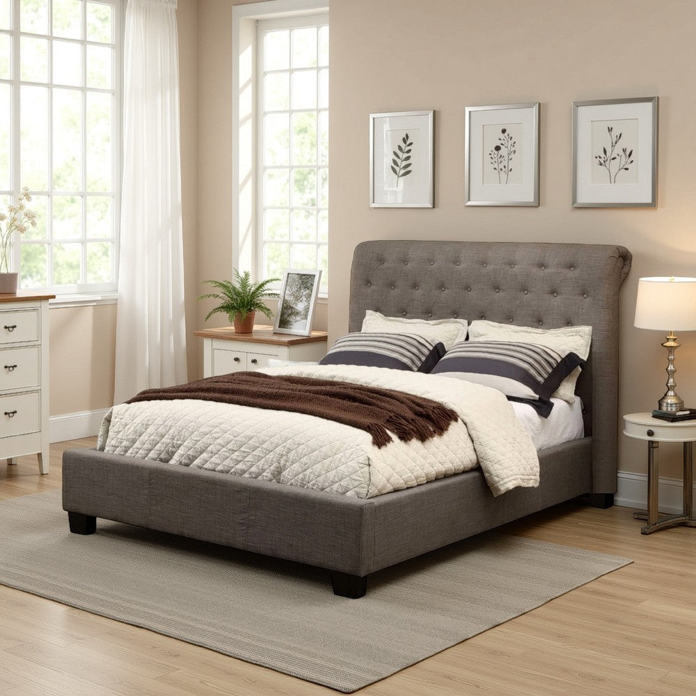Rue Low Profile Full Bed, Button Tufted Uphosltered Rolled Back, Gray