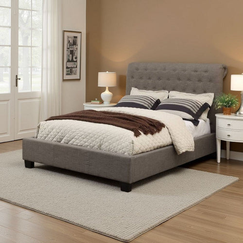 Rue Low Profile Queen Bed, Button Tufted Uphosltered Rolled Back, Gray
