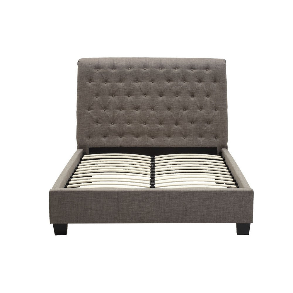Rue Low Profile Queen Bed, Button Tufted Uphosltered Rolled Back, Gray