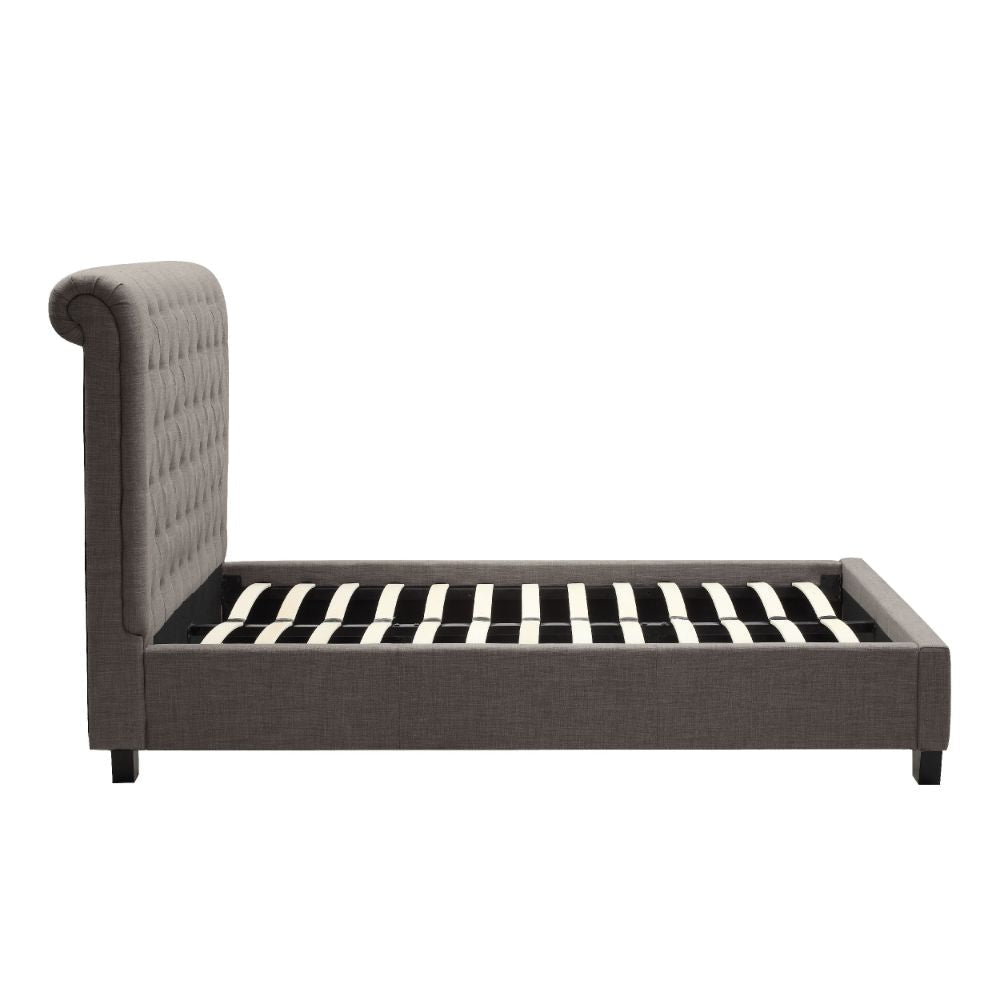 Rue Low Profile King Bed Button Tufted Uphosltered Rolled Back Gray