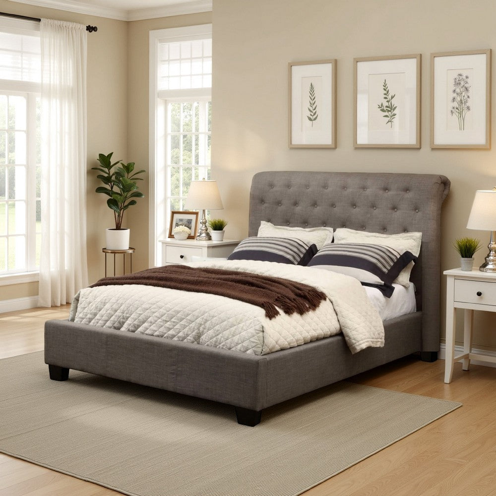 Rue Low Profile King Bed, Button Tufted Uphosltered Rolled Back, Gray