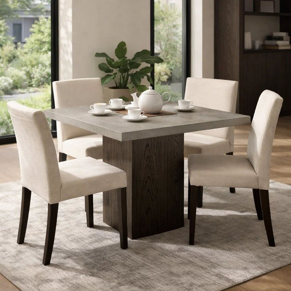 Mod 40 Inch Square Table, Concrete Top, Rubberwood, Pedestal Base, Ash Gray