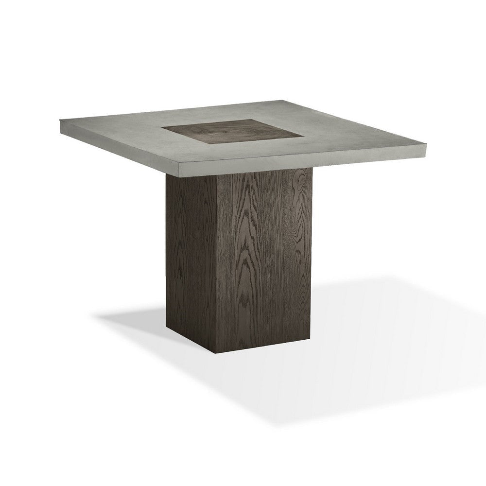 Mod 40 Inch Square Table, Concrete Top, Rubberwood, Pedestal Base, Ash Gray
