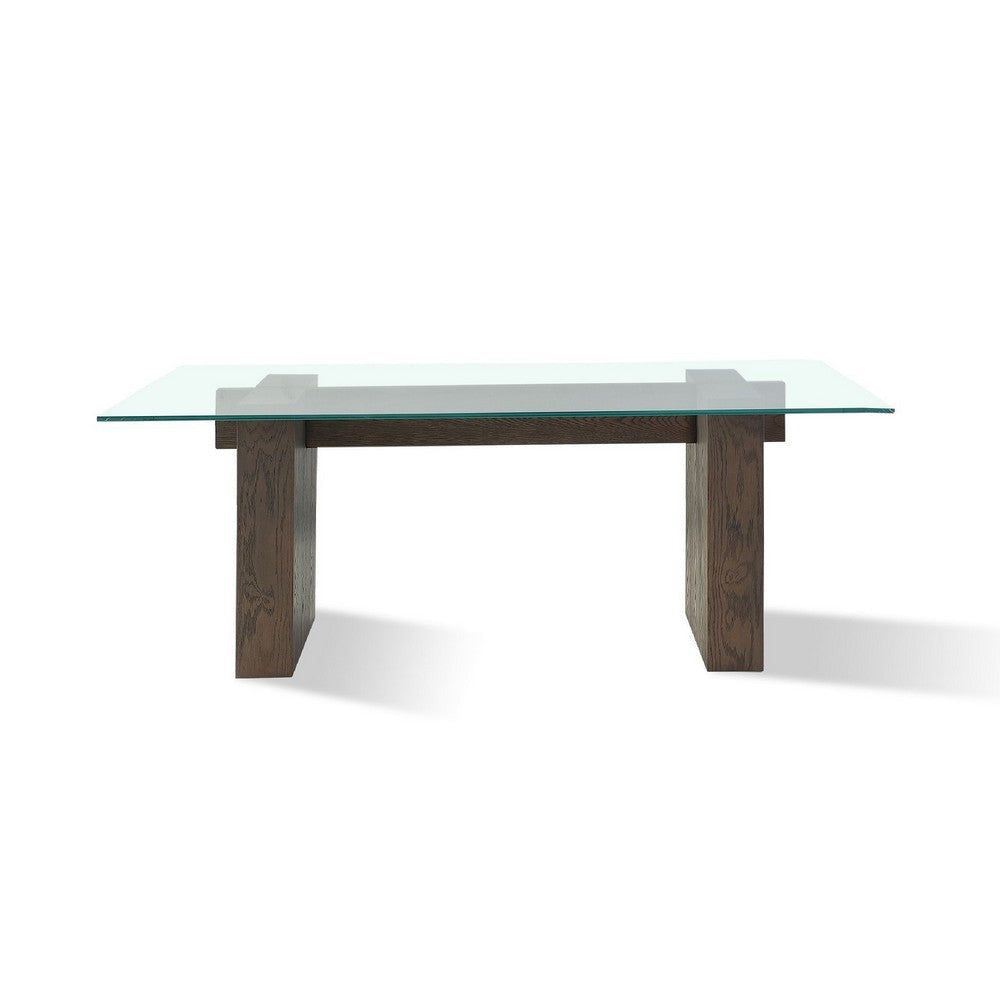 Lan 80 Inch Dining Table Glass Top Wood Double Pedestal 6 Seater Brown BM274142